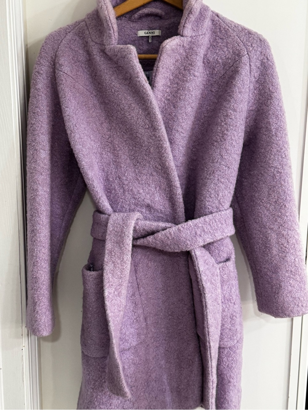 Ganni Lavender Lilac Fenn Wool-Blend Bouclé Belted Coat